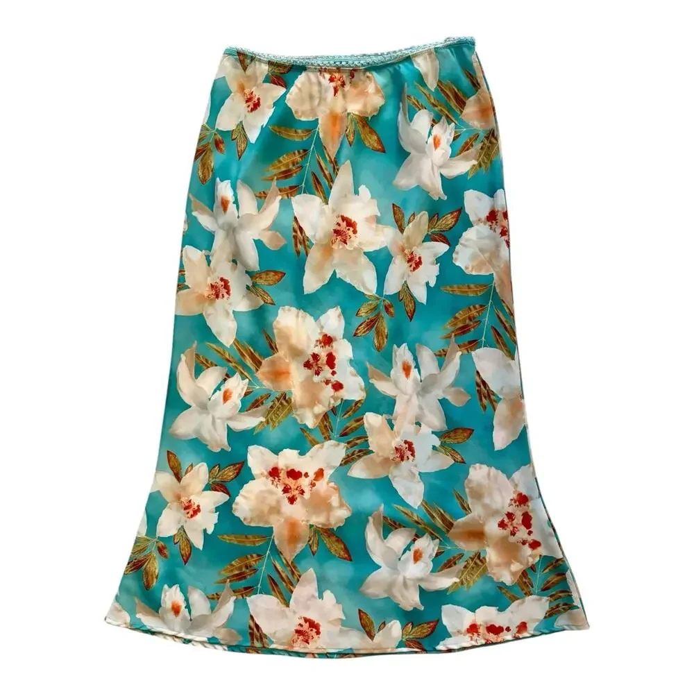 XOXO Jeans Y2K Vintage 90s Midi Slip Skirt Womens Medium Floral Blue Boho